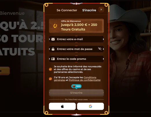 Formulaire d'inscription et création de compte RodeoSlot Casino